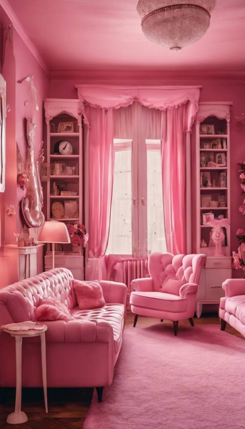 房間裡擺滿了 1950 年代風格的粉紅色家具和裝飾