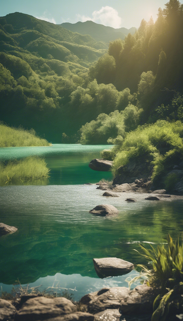 A serene lake nestled within a valley of lush, green mountains under the midday sun. Wallpaper[1b9a8fb104534d4ebd88]