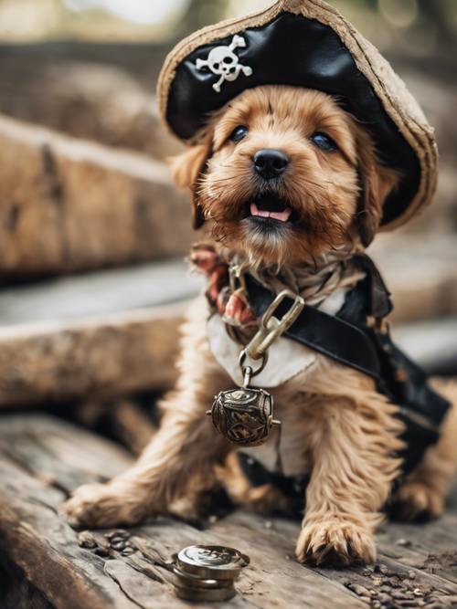 An adorable pirate pup, clutching a piece of eight in its mouth.