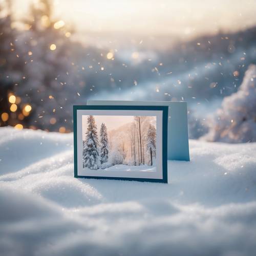 Karlı bir manzaranın açılır penceresini içeren estetik bir Yeni Yıl kartı.