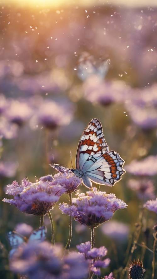 Une colonie de papillons violets et blancs aux couleurs vives flottant dans une prairie fleurie au lever du soleil.