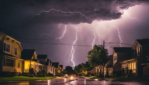 A massive thunderstorm stirring above a quiet suburban neighborhood, cast in yellow streetlight, with lightning bolts seen in the distance.
