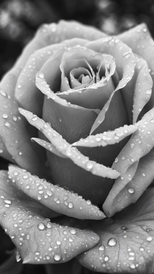Um close de uma rosa preta e branca beijada pelo orvalho, significando um novo dia.