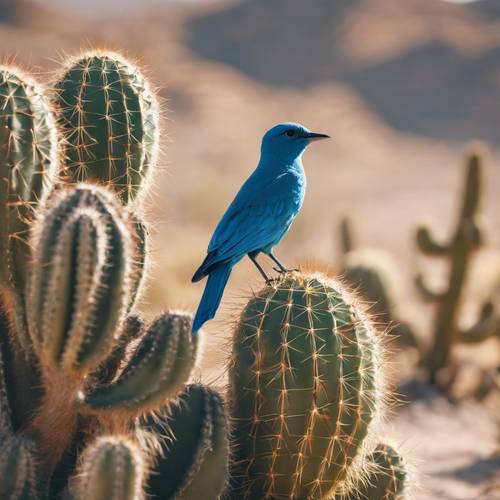 Un uccello blu solitario che riposa su una pianta di cactus in un vasto deserto
