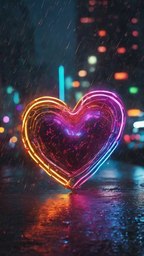 Una vibrante forma a cuore, che brilla di colori al neon contro un paesaggio urbano buio e piovoso.