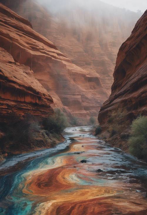 Ein Canyon, der mit Schichten unterschiedlicher Farbmuster bemalt ist, wenn Regen seine Spuren hinterlässt