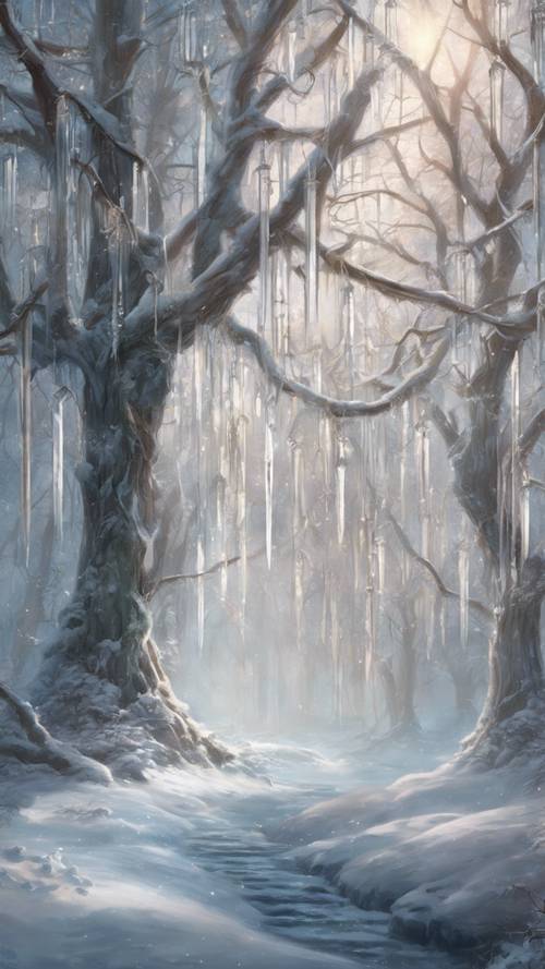 Une forêt magique enneigée avec des glaçons cristallins suspendus aux branches des arbres.