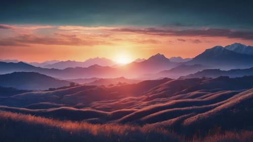 Uma vibrante planície azul índigo com montanhas distantes ao fundo durante o pôr do sol.