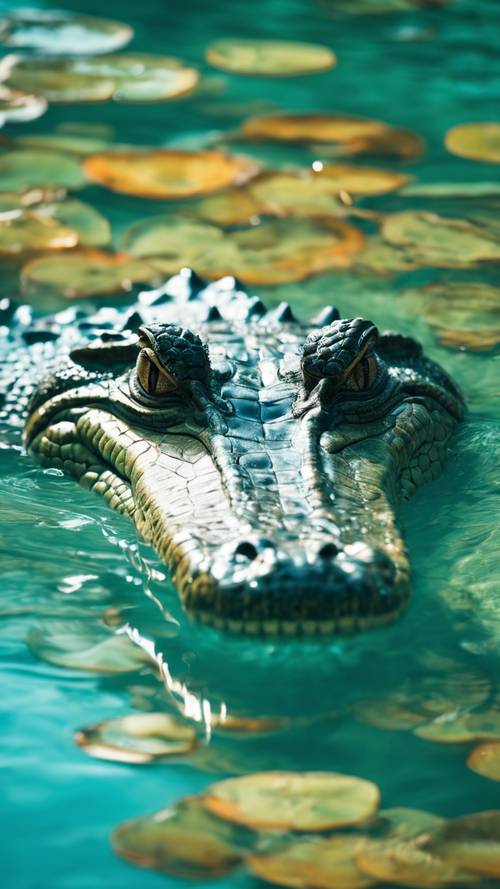 鱷魚平靜地漂浮在充滿活力的碧綠海洋中的獨特鳥瞰圖。