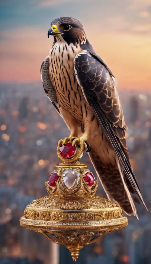 Un magnífico halcón adornado con un cordal de oro y rubíes, volando muy por encima de un paisaje urbano ricamente adornado al atardecer.