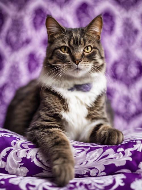 A cat sitting on a plush cushion made from vibrant purple damask fabric.