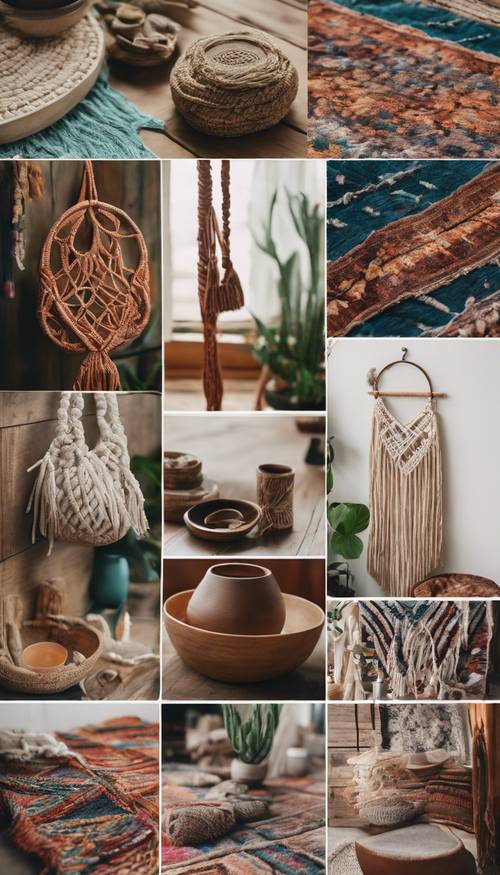 Collage of boho-inspired items including macrame hangers, pottery and colorful rugs. Tapet [f624d42b301c4e3085a8]