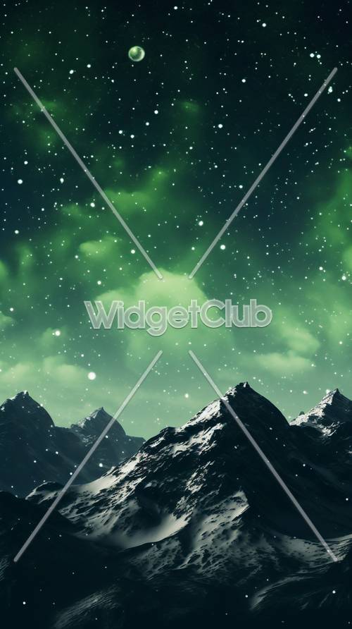 Aurora boreal verde estrellada sobre montañas nevadas