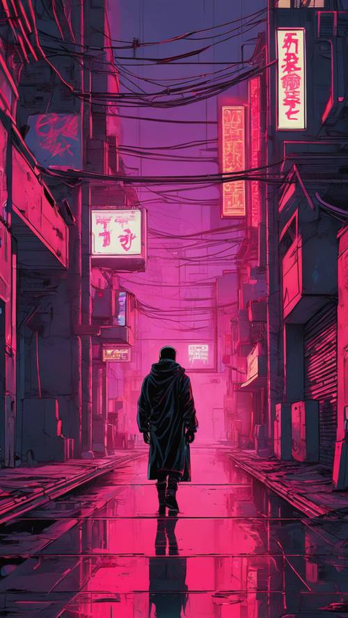 Sosok sendirian dalam pakaian hitam apik berjalan di dekat lampu neon merah di gang cyberpunk yang ramai.