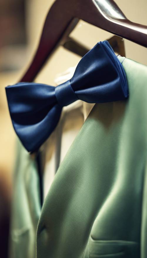 在一家復古時裝店裡，一件綠色緞子洋裝上有一個海軍藍色領結。