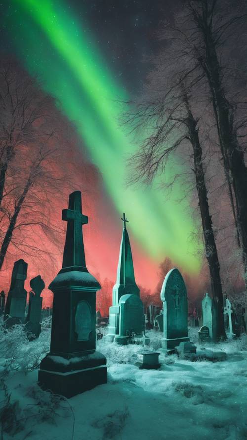 Pemakaman gotik yang tertutup es di bawah aurora borealis hijau, dengan hantu merah menyala.