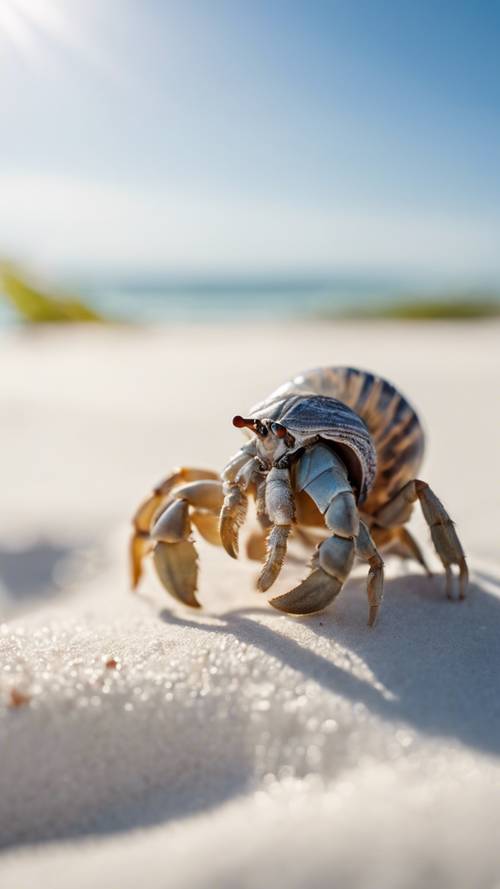 A light gray hermit crab scuttling on white sands under tropical afternoon sun.
