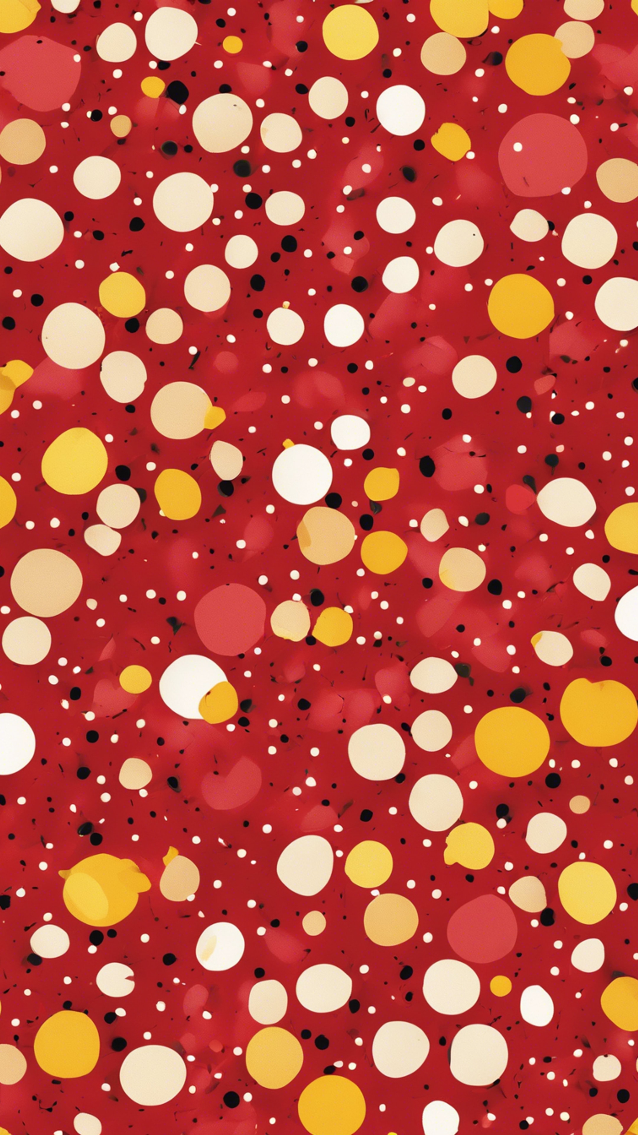 A seamless pattern of vibrant red and vivid yellow, polka dots scattered randomly. Hintergrund[206bafc01adc43569588]