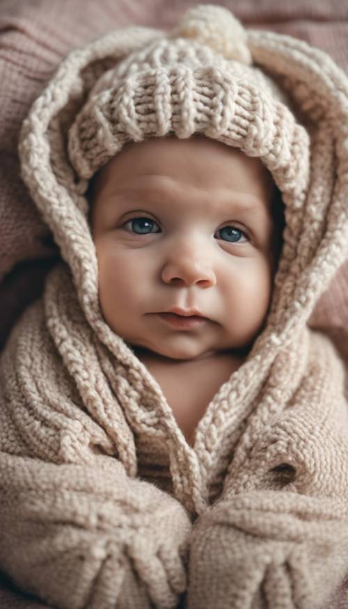Um adorável bebê aconchegado em roupas quentes de malha de lã.