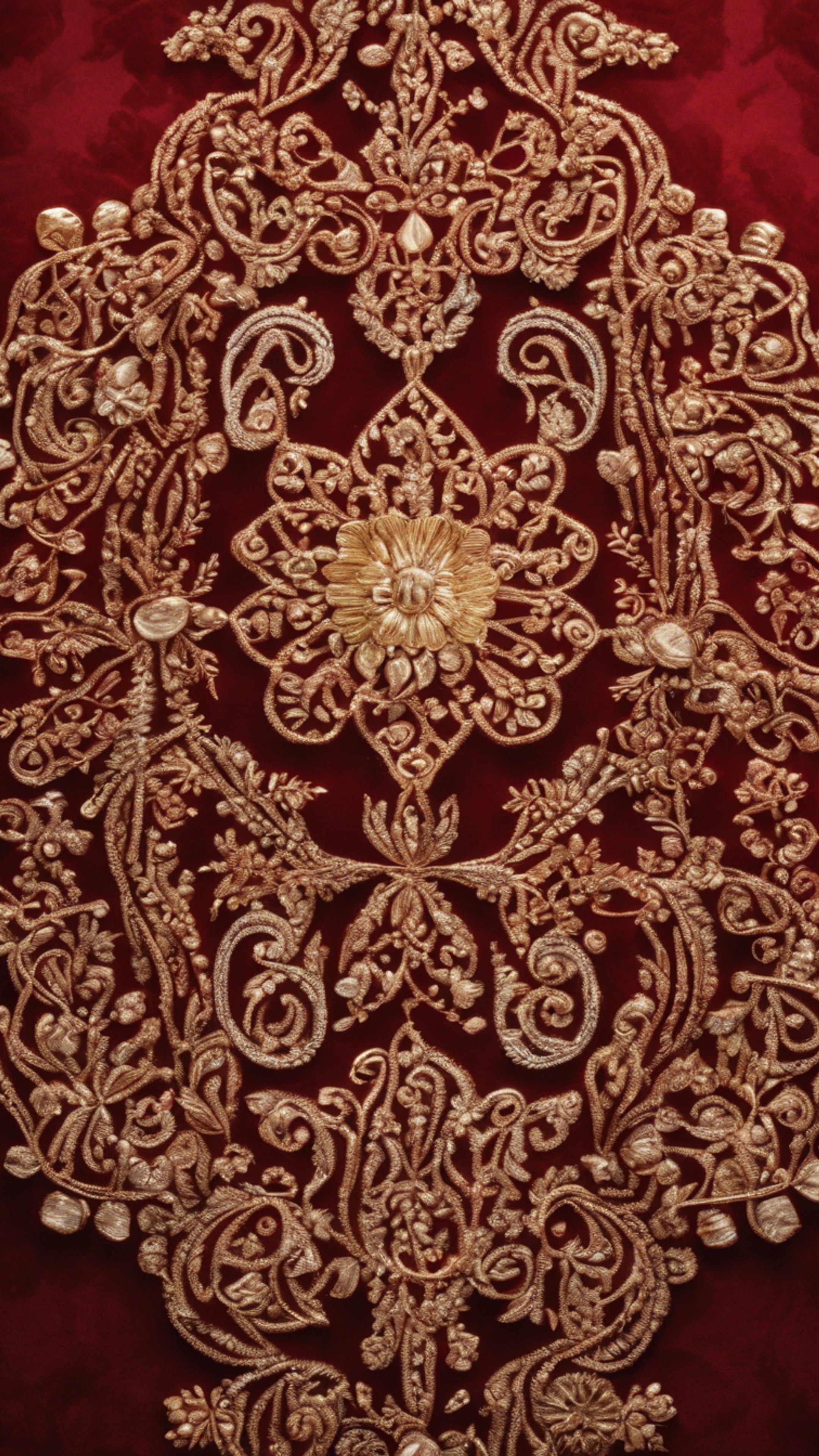 A mesmerizing design of intricate gold embroidery adorned over fiery red velvet. Wallpaper[a17599ee07084b7c979d]