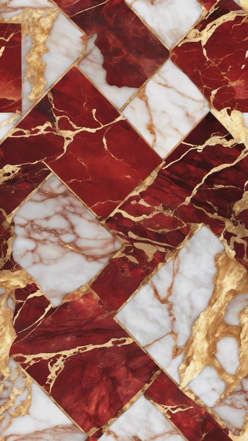 Seamless pattern of red and gold marble resembling the interior of an opulent mansion.