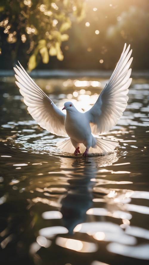 A dove taking flight at a baptism ceremony near a serene lake.