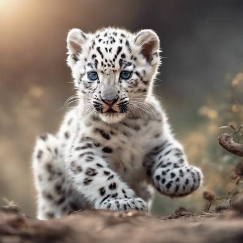 A curious white leopard cub playfully exploring its environment, its fur soft and fluffy.