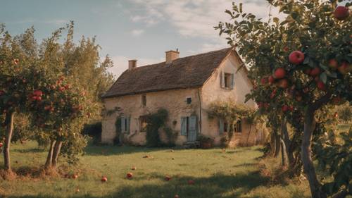 A cozy French country cottage amidst an orchard with apples ready to be harvested during the fall season.