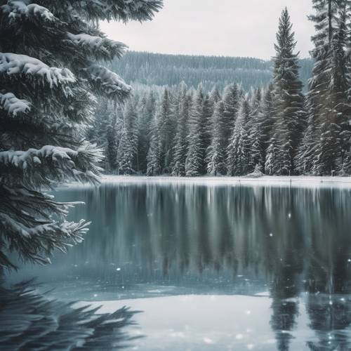 A surreal outdoor scene of brightly lit evergreen trees reflecting off a frozen lake.