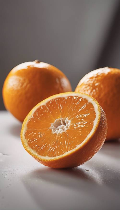 A bright, juicy orange with a glossy peel, sliced in half in a close-up shot.