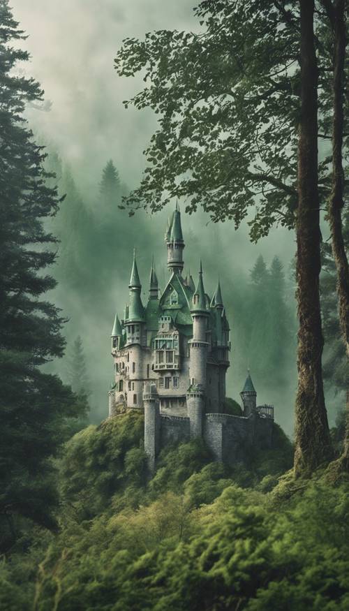 A sage green castle in a foggy forest, radiating an aura of mystic lore.