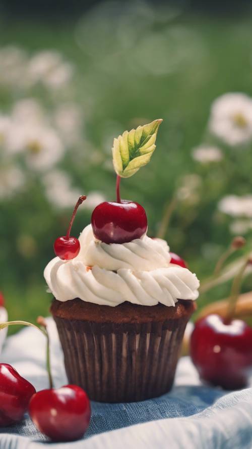 超可愛的紙杯蛋糕，上面有微笑的櫻桃，風景如畫的野餐場景。