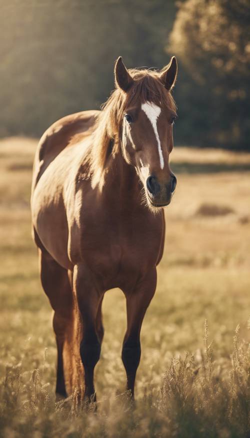 Un ritratto in stile vintage di un cavallo marrone che sorride in un campo aperto e soleggiato.