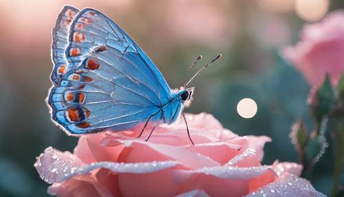 Der leuchtend blaue Schmetterling sitzt am frühen Morgen auf einer taubenetzten rosa Rose.