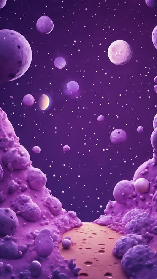 Parıldayan yıldızlar ve ay peyniri kraterleriyle kawaii mor bir uzay sahnesi.