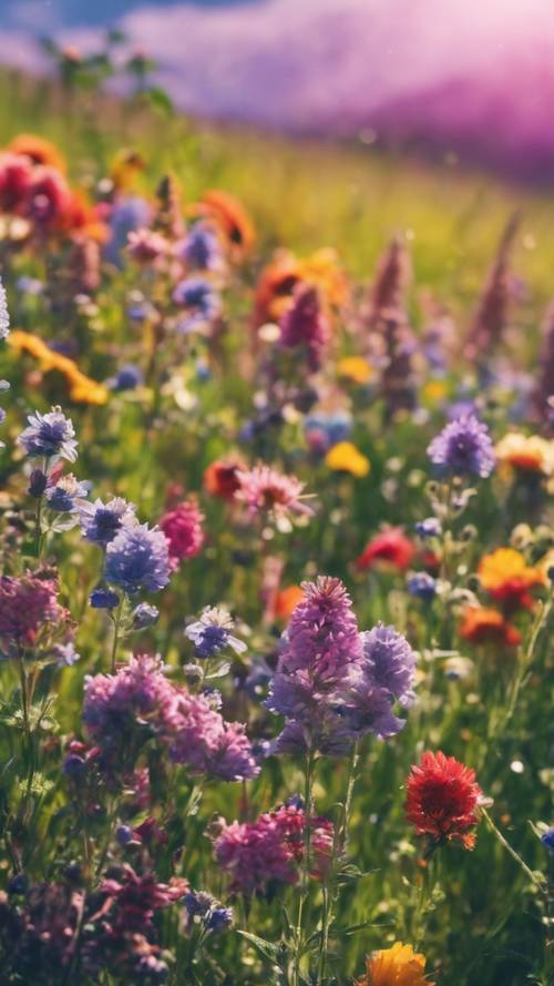 Flores silvestres vibrantes em plena floração, adornando o campo com um arco-íris de cores no mês de junho.