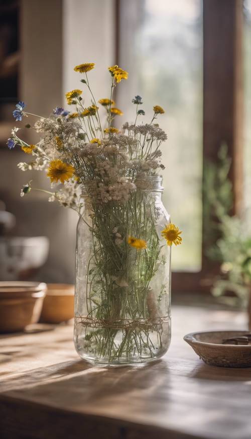 중앙에 손으로 딴 초원 꽃 한 병이 있는 고풍스러운 코티지코어 주방의 소박한 테이블입니다.