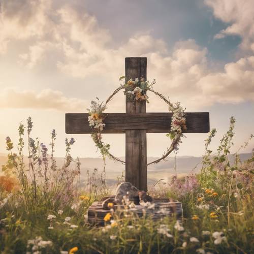 Un autel chrétien rustique et bohème avec des fleurs sauvages et une croix en bois.