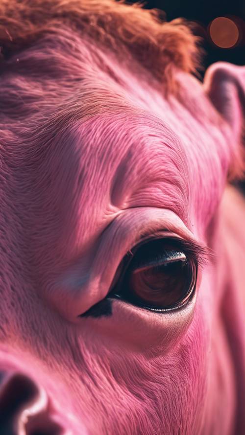 Zdjęcie z bliska wielkich, błyszczących oczu marzycielskiej różowej krowy w świetle księżyca.