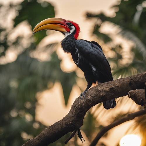 طائر البوقير يجلس على غصن شجرة، في مواجهة شروق الشمس النابض بالحياة فوق المظلة الكثيفة للغابة الاستوائية.