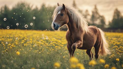 Seekor kuda poni yang lucu dengan gembira berjingkrak-jingkrak di lapangan yang dipenuhi bunga dandelion.