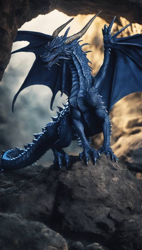 Um dragão azul escuro dormindo em uma caverna mística.