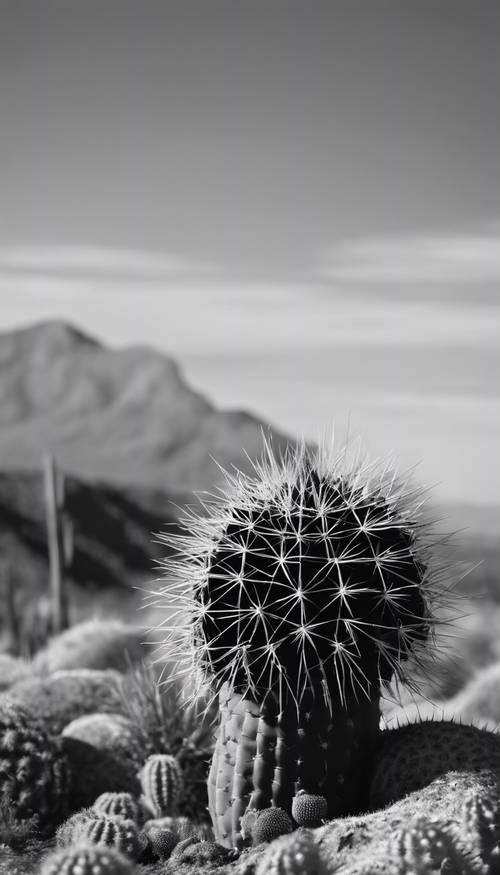 A solitary barrel cactus in black and white, silhouetted against a clear sky.