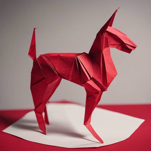 Una compleja figura de origami en un papel plegable japonés de color rojo vivo.