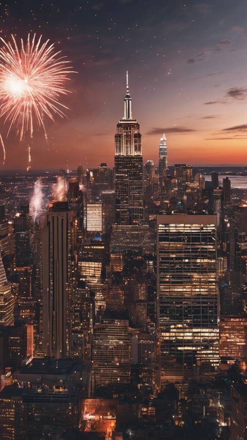 A stunning panorama of a bustling American city skyline at sunset, with firework sparks illuminating the Fourth of July sky.