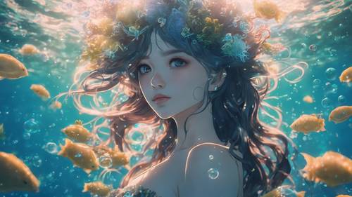 Anime-inspired underwater mermaid kingdom glittering with bioluminescent organisms.
