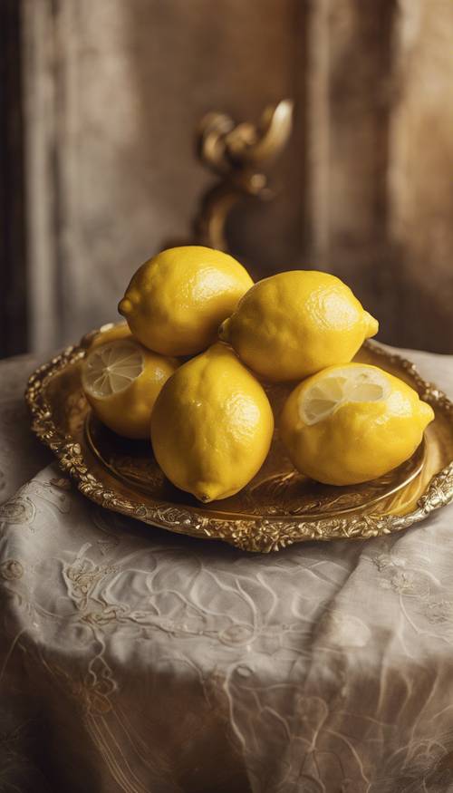 Три спелых лимона на золотом блюде на фоне старинного деревенского стиля.