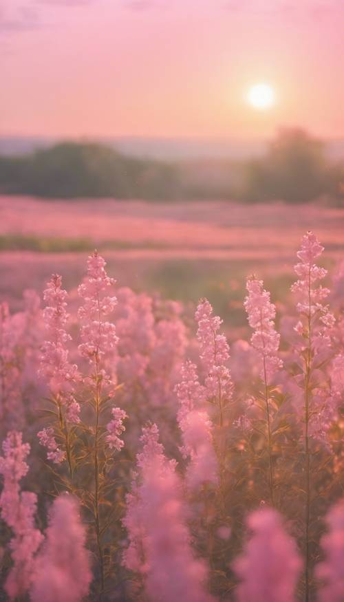 Une plaine rose sous les douces teintes pastel du soleil du petit matin.
