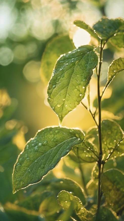 A soft-focus image of dew-kissed green leaves basking in the yellow dawn light.