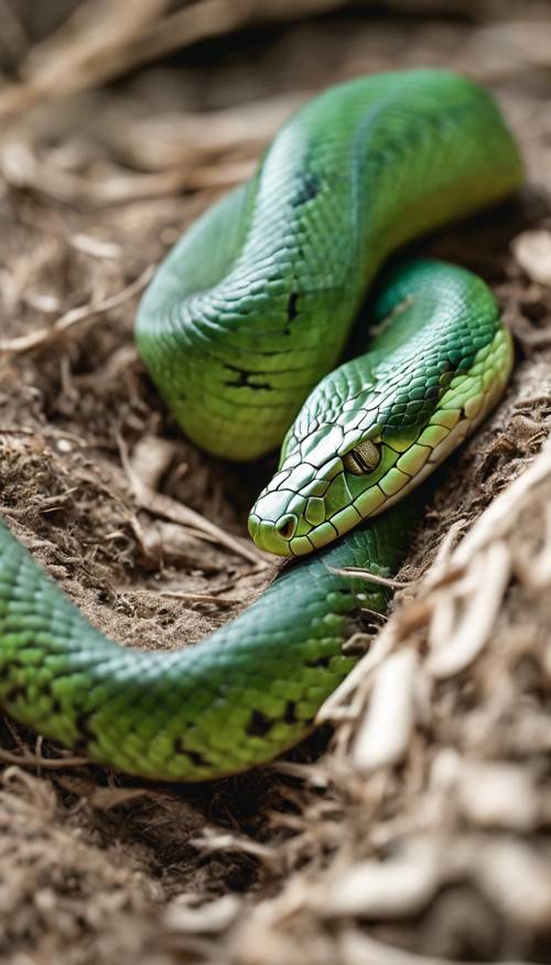 An adorable thin, green snake sleeping coiled in a warm burrow.